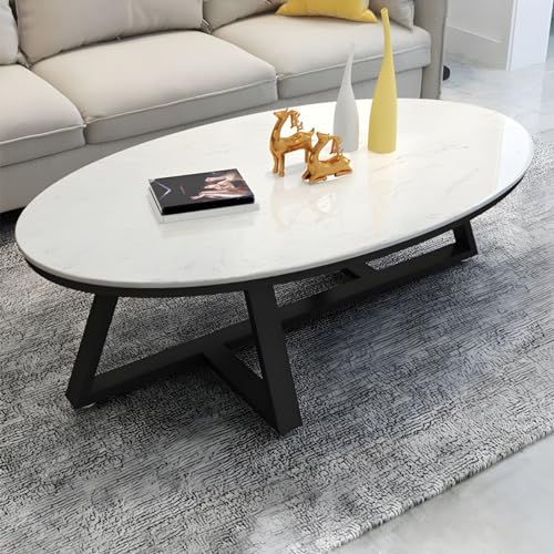 KWOKING Faux Marble and Stone Coffee Table Cross Legs Cocktail Table Nordic Slate Oval Coffee Table Living Room Home Marble Coffee Table Grey/ White Table Top Black Table Base 39.5