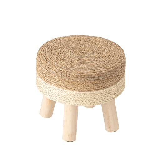 Foot Stool Natural Seagrass Footrest Poufs Hand Weave Round Ottoman for Couch Desk Soft Step Stool Padded Foot Rest with Pine Legs for Living Room Bedroom Boho, Non-Skid Wood Legs