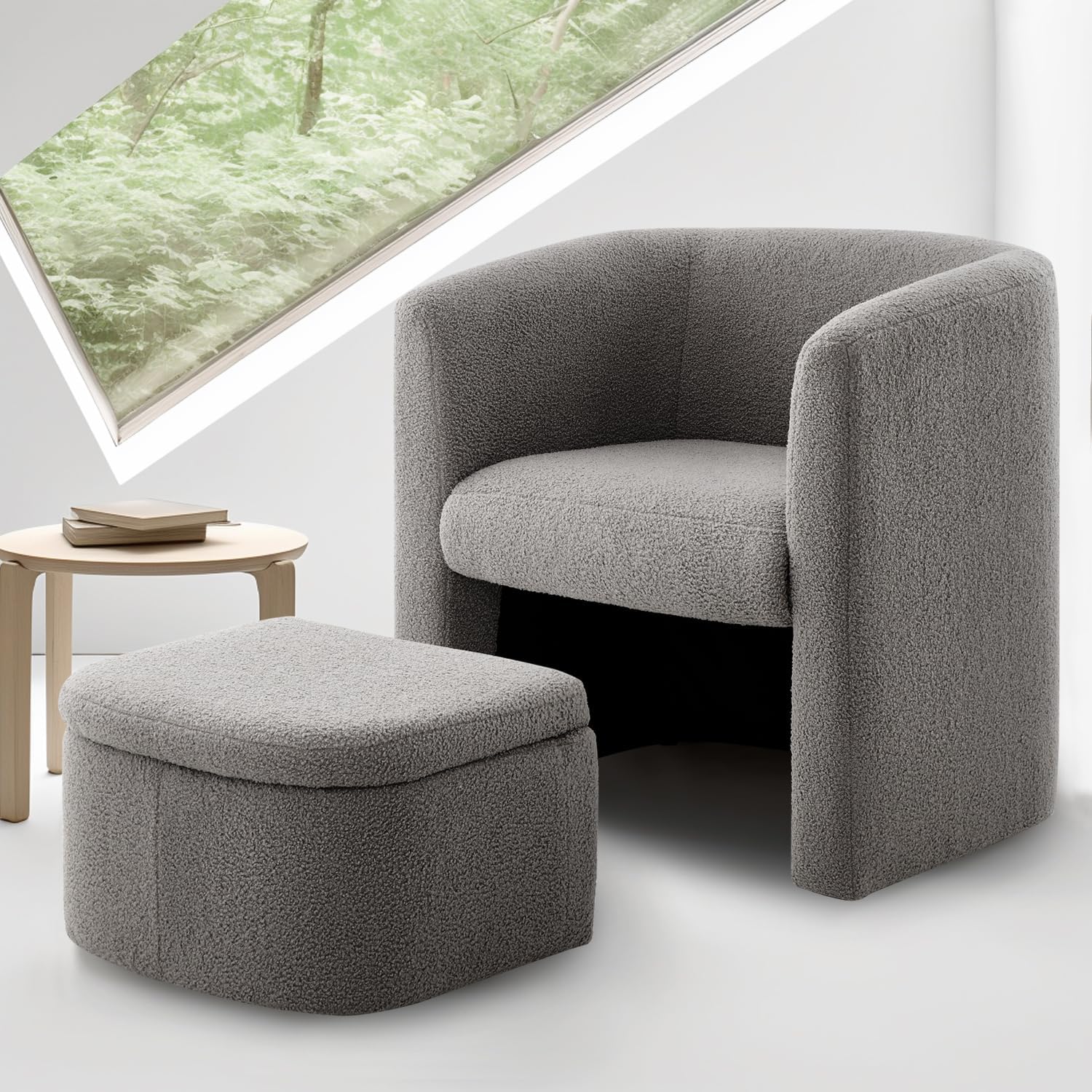 COLAMY Upholstered Sherpa Barrel Chair with Storage Ottoman Set, Modern Single Sofa Accent Lounge Chair Armchair Club Chair with Storage Space-Saving for Living Room Bedroom Office (Sherpa, Grey)