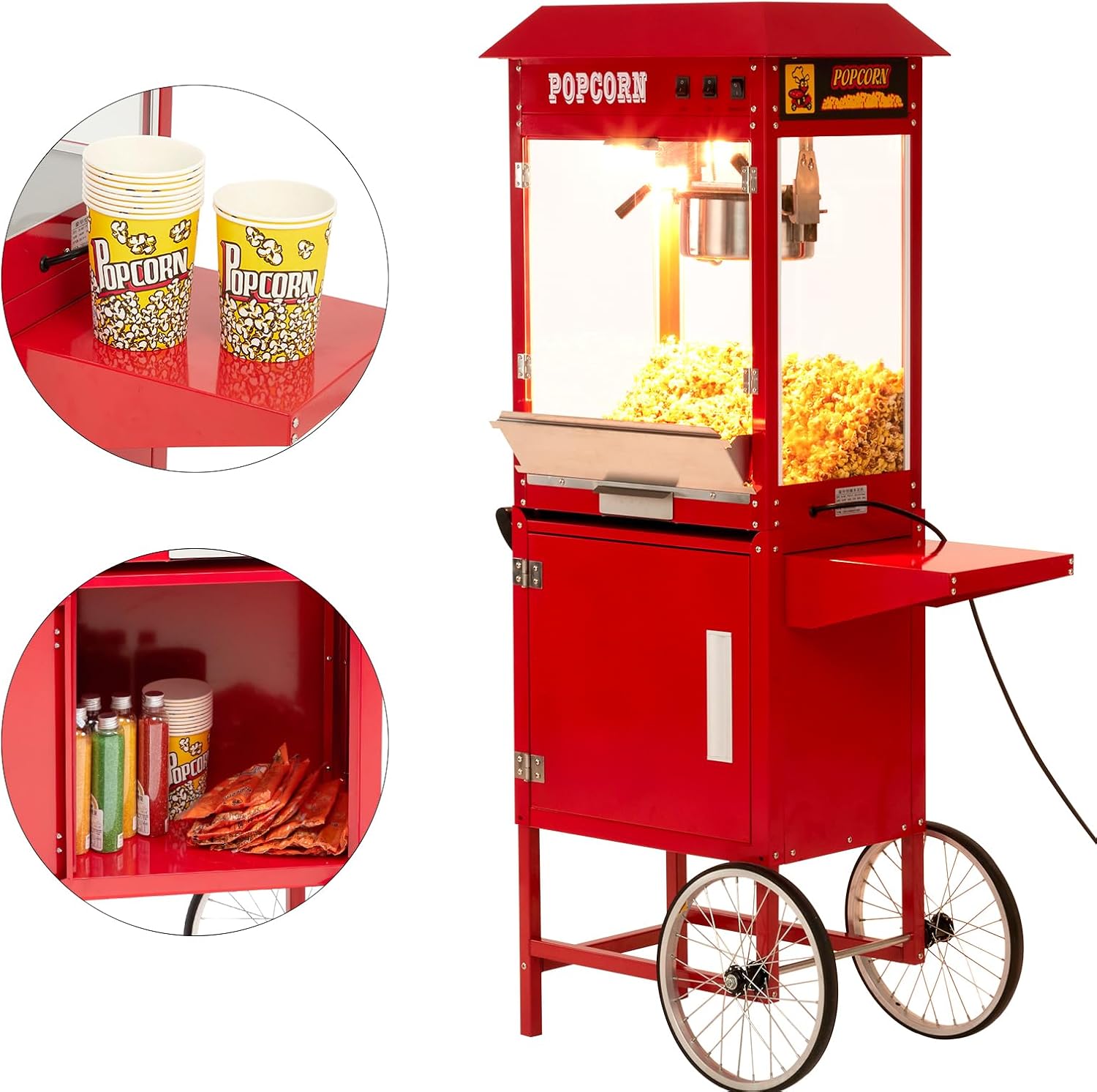 Popcorn Popper with Cart and Stand,Theater Commercial Vintage Popcorn Maker with 8 Oz. Stainless Steel Kettle and Storage Included, Red
