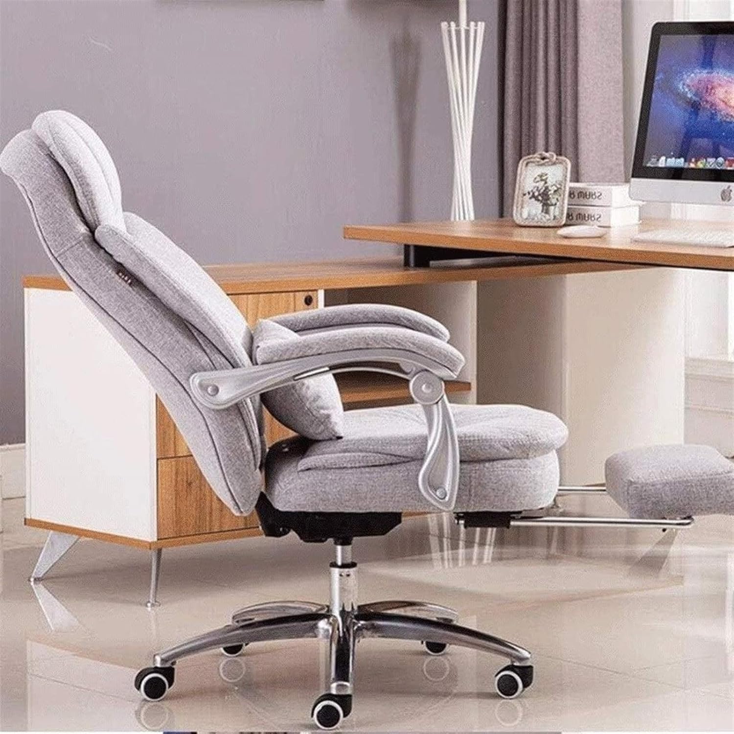 High Back Office Chair with Adjustable Armrest and Foot Pedal Reclining Chair Fabric Desk Chair with Pillow Computer Chair