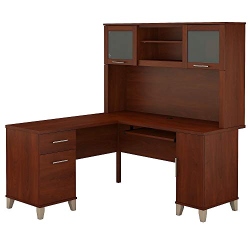 Bush Furniture Somerset L-Shaped Desk with Hutch Study Table with Drawers, Cabinets and Pullout Keyboard/Laptop Tray Home Office Computer Desk in Fresh Walnut Work Desk with Storage