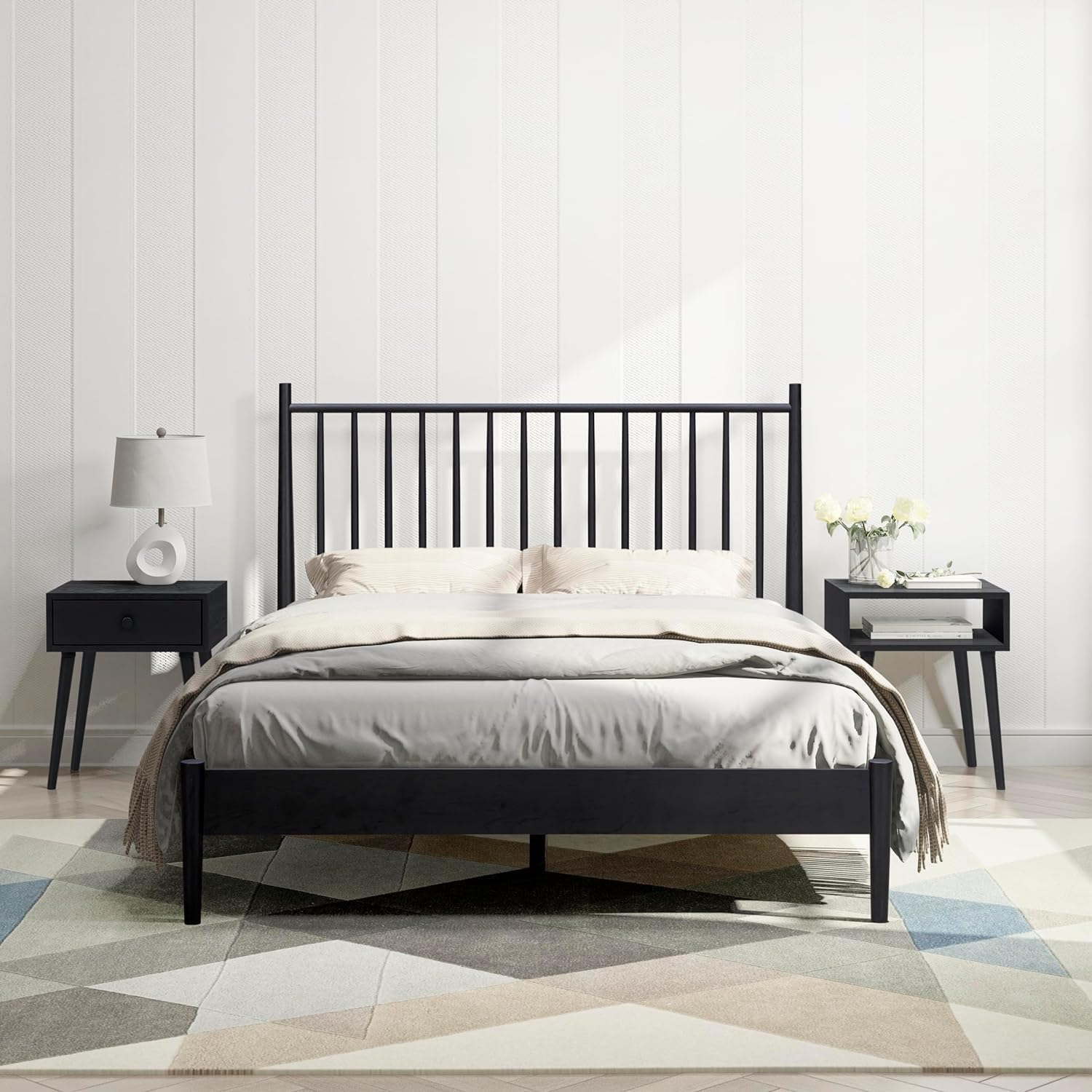 NTC Bundle Inno King Solid Wood Bed Frame with Headboard and Zoe Solid Oak Nightstand - Burnt Black