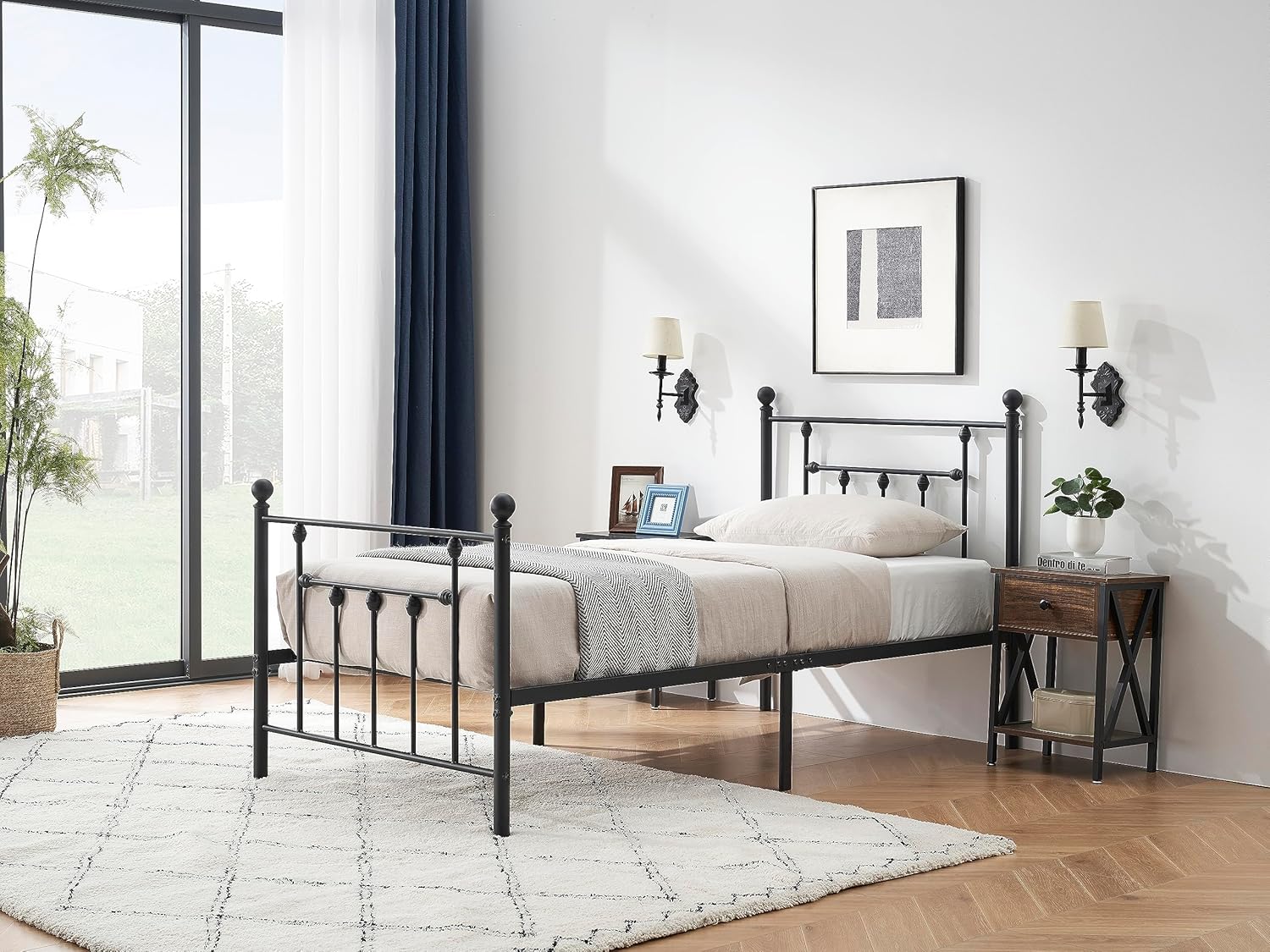 VECELO Twin Size Metal Platform Bed Frame with Headboard and Footboard, Heavy Duty Slat Support/No Box Spring Needed Mattress Foundation/Underbed Storage Space, Victorian Style