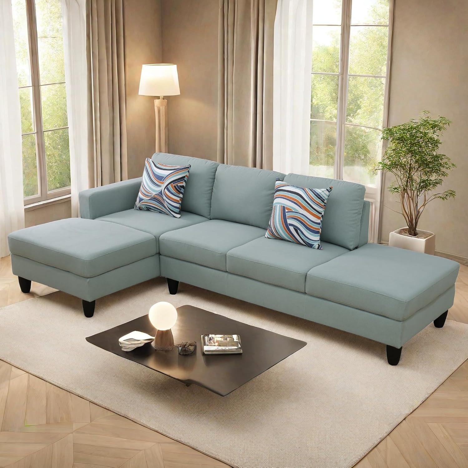 L Shaped Sofa Modern Sectional Couches for Living Room, Bedroom, Office, Light-Green