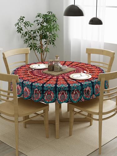 Indian Mandala Round Bohemian Beach Throw Boho Gypsy Cotton Tablecloth Rug Yoga Mat Table Cover Tabletop for Home Dining Kitchen Wedding Parties Holiday Picnic 50 Inches (Red & Orange)