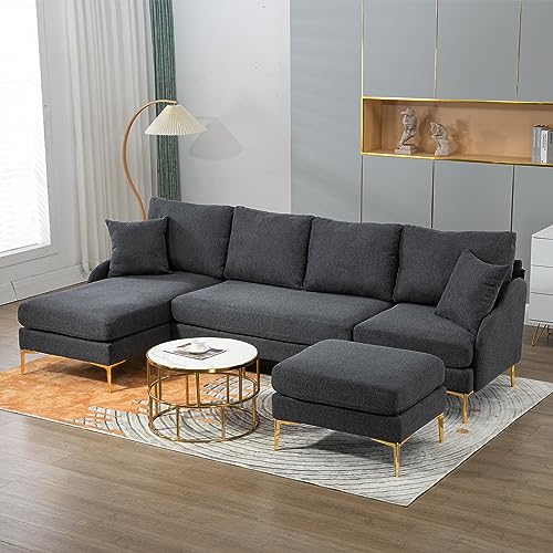 110'' Large Reversible Sectional Sofa with Chaise Lounge, Modular U-Shape 6-Seater Linen Fabric & Memory Foam Upholstered Convertible Couch for Living Room, Apartment, Office (Charcoal Grey)