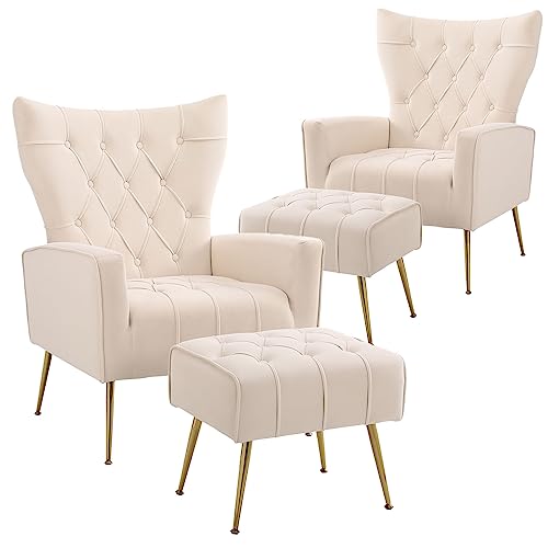 ODUWA Velvet Accent Chair with Ottoman,Modern Accent Chairs with Armrests and Backrest,Button Tufted Chair,Single Recliner Armchair with Ottoman for Living Room Bedroom Office