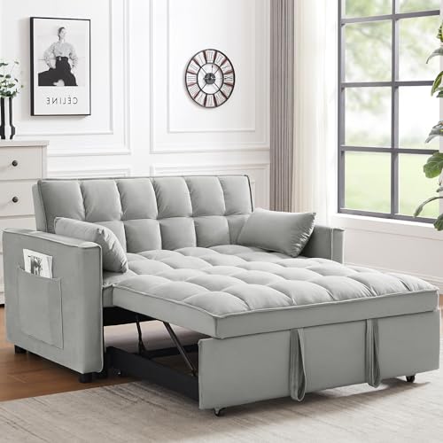 3 in 1 Sleeper Sofa Couch Bed, Velvet Tufted Pull Out Sofa Bed Convertible Loveseat Futon Sofa with Adjustable Backrest, Side Pocket and 2 Throw Pillows, for Living Room Bedroom (Pink)