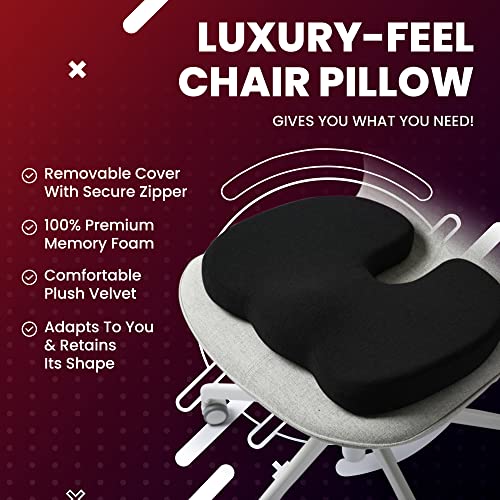 Seat Cushion Pillow - Orthopedic Design - 100% Memory Foam Supports & Protects Sciatica, Coccyx, Tailbone Pain Back Support -Ideal for Home Office Chair, or Car Driver (Grey Cushion with Cool Gel)
