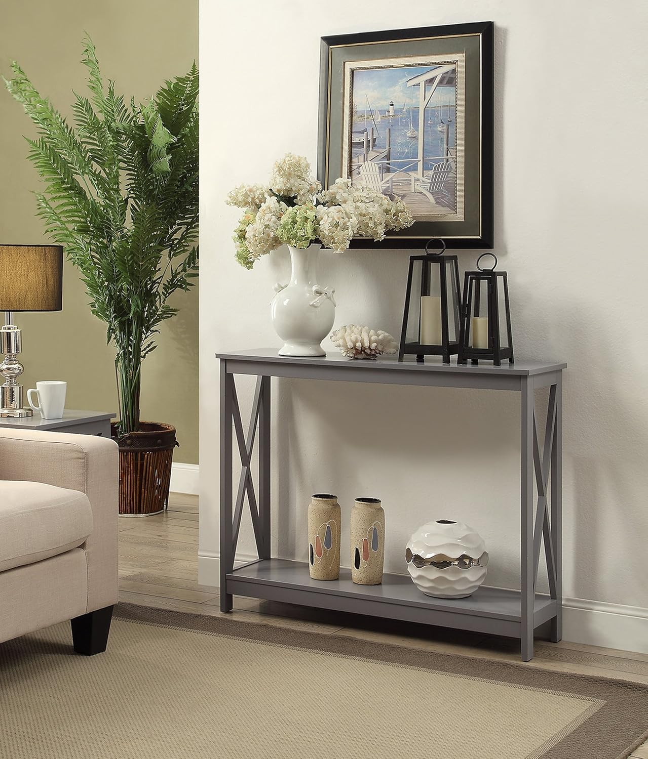 Oxford Console Table, Chairside End Table - 2pc Gray Farmhouse Furniture Collection with Shelves