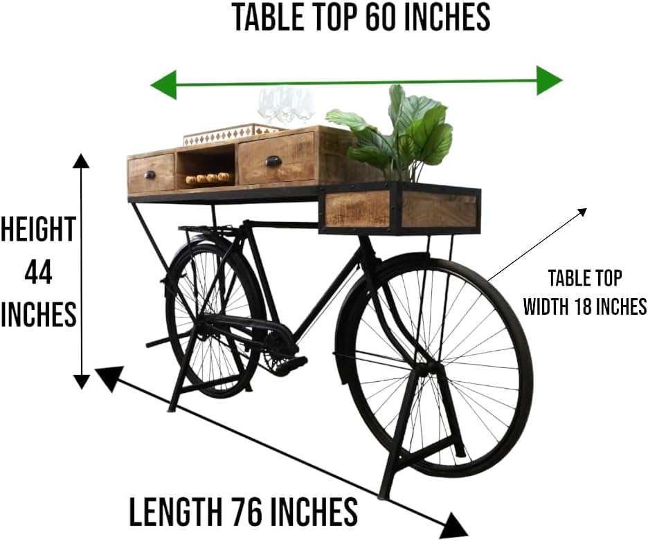 Sundara Furnishings Vintage Bicycle Console Table with Drawers & Storage, Mango Wood, 76L x 18W x 44H inches
