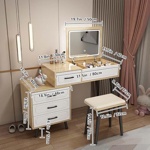 Vanity Desk with Flip Top and Hidden Mirror with Lights, Vanitys Stool, Three colors of light, Bedroom Makeup Table with Storage Cabinet, Use as Desk or Bedside cabinet(Gray)