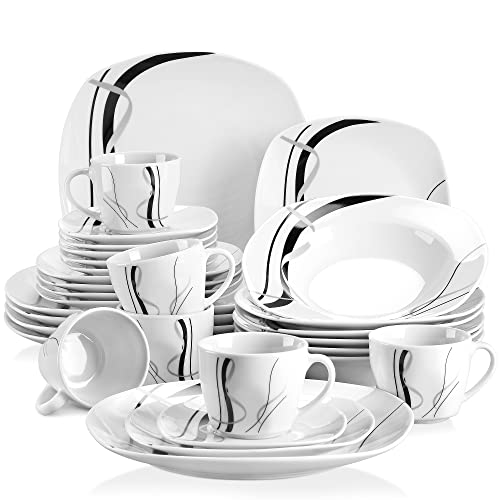 VEWEET, Series Nikita, 48-Piece Ceramic Porcelain Tableware Dinnerware Set with Brown Lines Patterns Dinner Sets with Dinner Plate, Soup Plate, Dessert Plate, Bowl Set, Service for 12