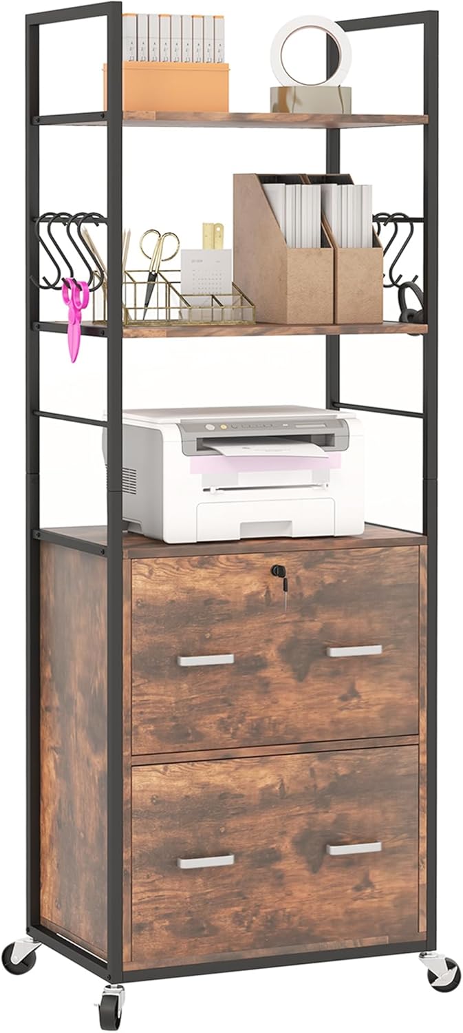 Vinsetto 2 Drawer Mobile File Cabinet with Lock & Hanging Bar, Rustic Brown