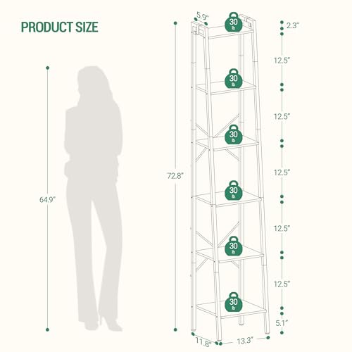 Ladder Shelf, Bookshelf Bookcase, Freestanding Corner Storage Shelve with 2 Hooks for Home Office, Living Room, Kitchen, Bedroom, Industrial, 5-Tier Rustic Brown BC19201B