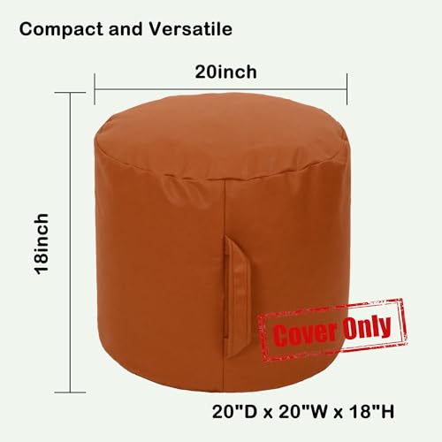 Round Unstuffed Faux Leather Pouf - Chic Leathaire Cover ONLY Ottoman, Elegant Cylindrical Footrest and Storage, Ottoman Cover for Play Room (Orange)