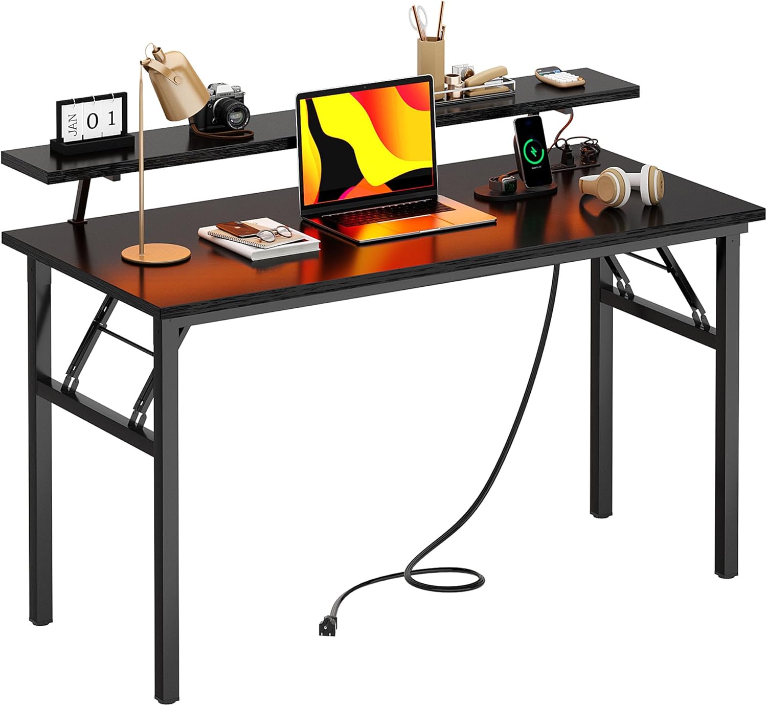 Need 47 Inch Folding Computer Desk with Power Outlets Home Office Table with Monitor Shelf, Cup Holder Gaming Desk with Led Lights & Headphone Holder