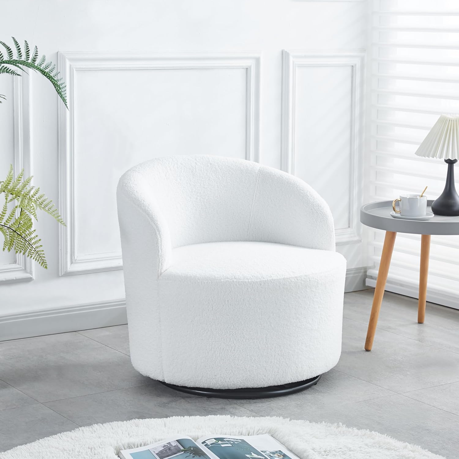 SLifet Swivel Barrel Chair, Swivel Chair, Barrel Accent Sofa Chairs with 360° Silent Rotating Base, Modern Accent Round Swivel Barrel Chairs, Wide Swivel Chair White Plush (White)