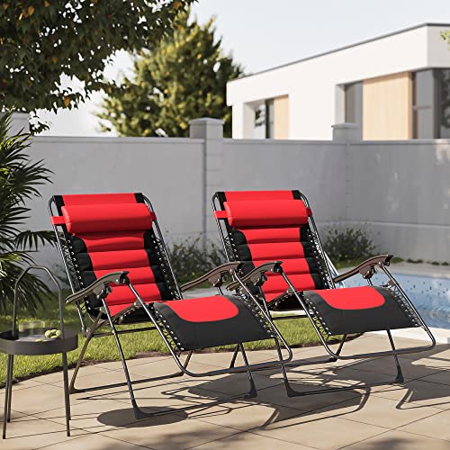 BELLEZE Oversized Zero Gravity Chair Set of 2, XL Padded Recliner Folding Adjustable Outdoor Patio Lounge Chair with Headrest, Cup Holder, Side Tray for Lawn, Camping, Backyard - Red