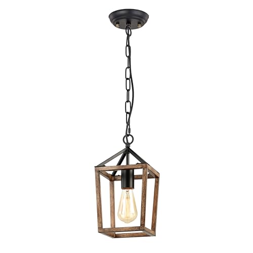 SEEBLEN Farmhouse Pendant Light for Kitchen Island, Industrial Metal Hanging Light with Wood Grain Finish,Height Adjustable, Farmhouse Light Fixture for Kitchen Dining Table Entryway Hallway.