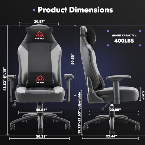 COLAMY Big and Tall Gaming Chair 400lbs, Ergonomic Computer Gamer Chair, Heavy Duty PC Gaming Chair with Wide Seat, Adjustable 4D Armrest for Large Adults-New Black