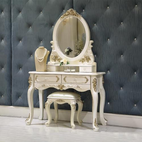 Vintage Vanity Table Set, Bedroom Vanity Desk with Oval Mirror, 4 Drawers and Upholstered Stool, Large Makeup Table for Women (Color : Champagne, Size : 86x51x160cm)