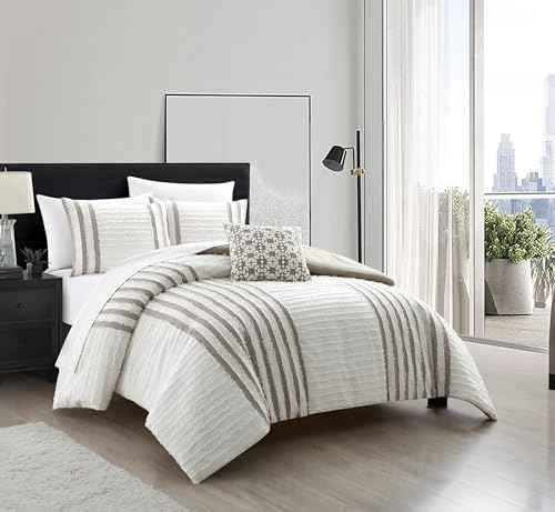 Chic Home Green Bed in a Bag Comforter Set, King Size (4 Pieces), Sofia - Organic Cotton Bedding with Striped Pattern Jacquard Design - Comforter, Pillow Shams and Decorative Pillow