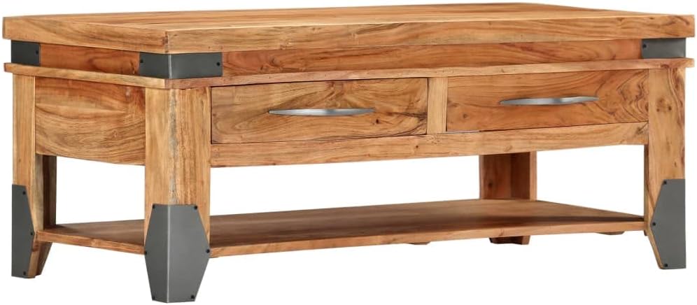 vidaXL Solid Acacia Wood Coffee Table - Natural Finish, with Drawers and Shelf, Polished and Lacquered - Perfect for Living Room, Durable Construction