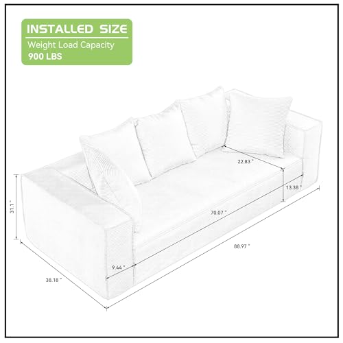 89''Modern Sofa Couch for Living Room 3 Seater Comfy Sofa Corduroy Sofa Couches with 5 Pillows, All-Foam Sofa, NO Frame. No Assembly Required Sofa for Small Space, Apartment Black 31.1'' H