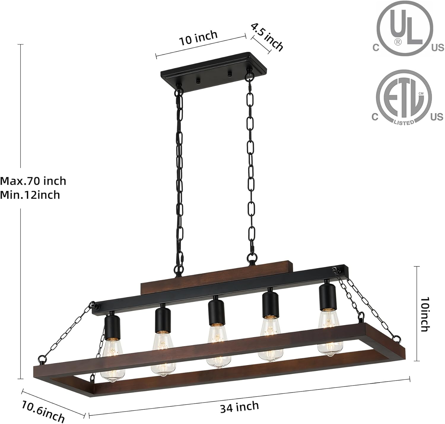 Rustic Rectangular Wood Chandelier for Dining Room Farmhouse Lighting Fixtures Ceiling Hanging Pendant Light Fixture over Table above Kitchen Island Retro Style with Matte Black Industrial Metal Chain