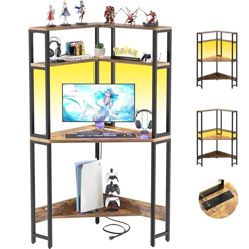 Cyclysio Mini Corner Desk with Hutch, Corner Gaming Desk with LED Light, Corner Computer Desk with Power Outlets, Triangle Corner Desk for Small Space, Home Office, Workstation, Brown