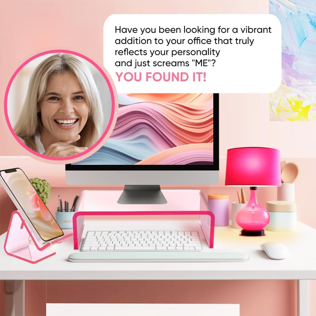 Pink Acrylic Monitor Stand and Phone Stand Set, Computer Riser with Phone Holder, Desk Riser, Acrylic Laptop Stand, Stands for Desk and Phone