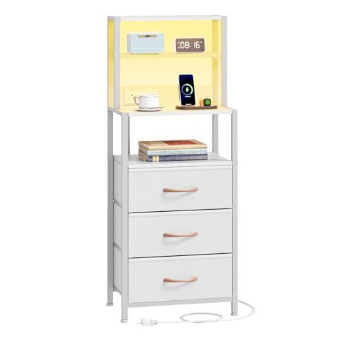 Furnulem Tall Nightstand with 4-Tier Shelves, Night Stand with 3 Fabric Drawers and Charging Station, Bedside Nightstand with Bookshelf, Bed Side Table for Bedroom, Home Office, Dorm (Black Oak)