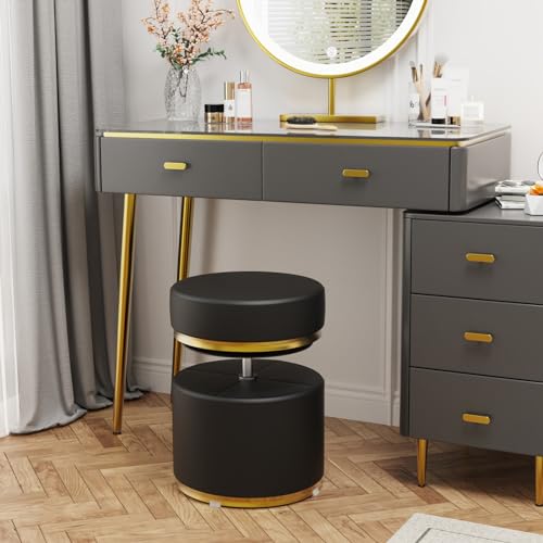 pouseayar Round Swivel Stool, PU Leather 660LBS Load, 360° Adjustable Height Vanity Stool for Makeup Chair, Massage Table Stool, Living Room, Bedroom, Modern Round Ottoman and More, Black