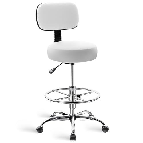 SUPERJARE Drafting Chair with Back, Adjustable Foot Rest Rolling Stool, Multi-Purpose Office Desk Chair, Thick Seat Cushion for Home Bar Kitchen Shop - White