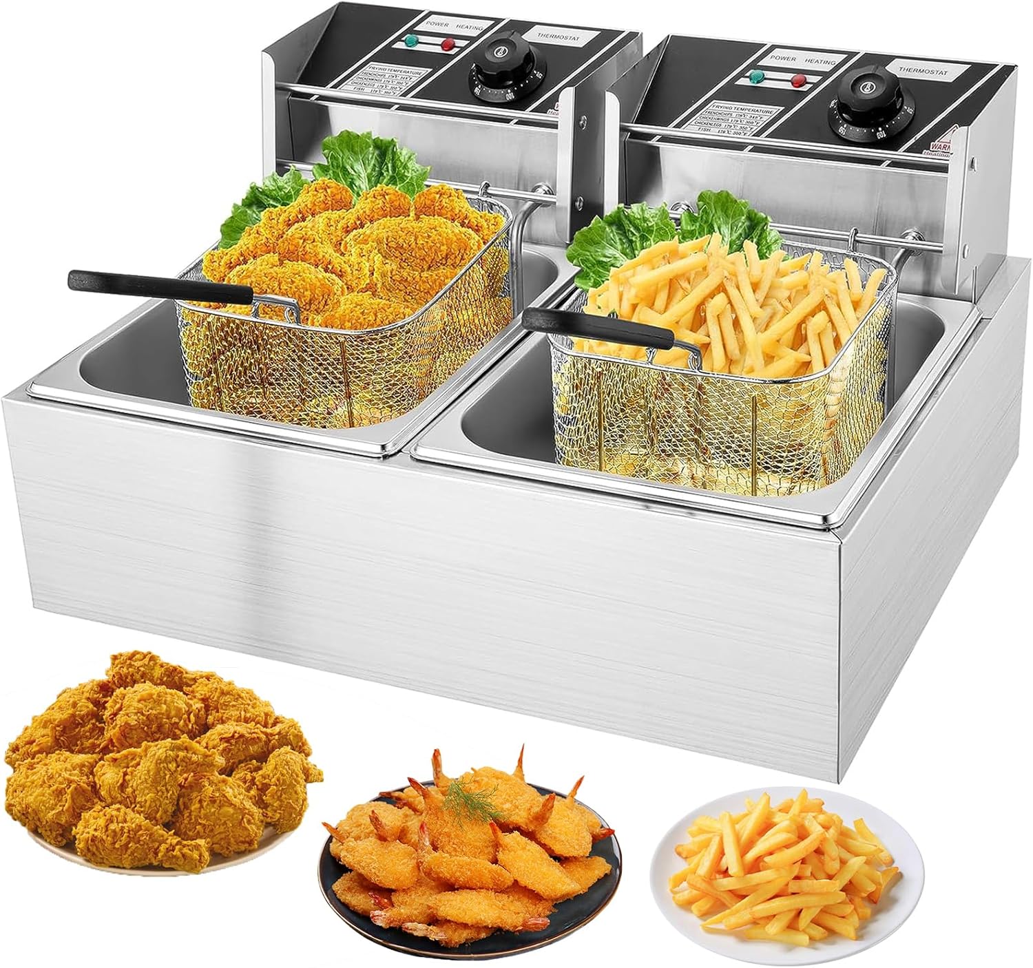 Commercial Electric Deep Fryer with Basket and Lid 5000W Stainless Steel 2X10l(10.5QT) Dual Tank Countertop Fryer for Home and Commercial Fast Oil Fryer with Temperature Control