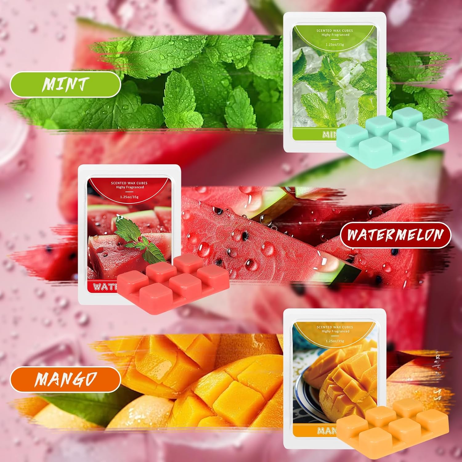 SCENTORINI Wax Melts Wax Cubes, 6-Pack Scented Wax Melts Set Summer Wax Melts Soy Wax Cubes for Wax Warmer - Mint, Watermelon, Strawberry, Mango, Passion Fruit, Pineapple