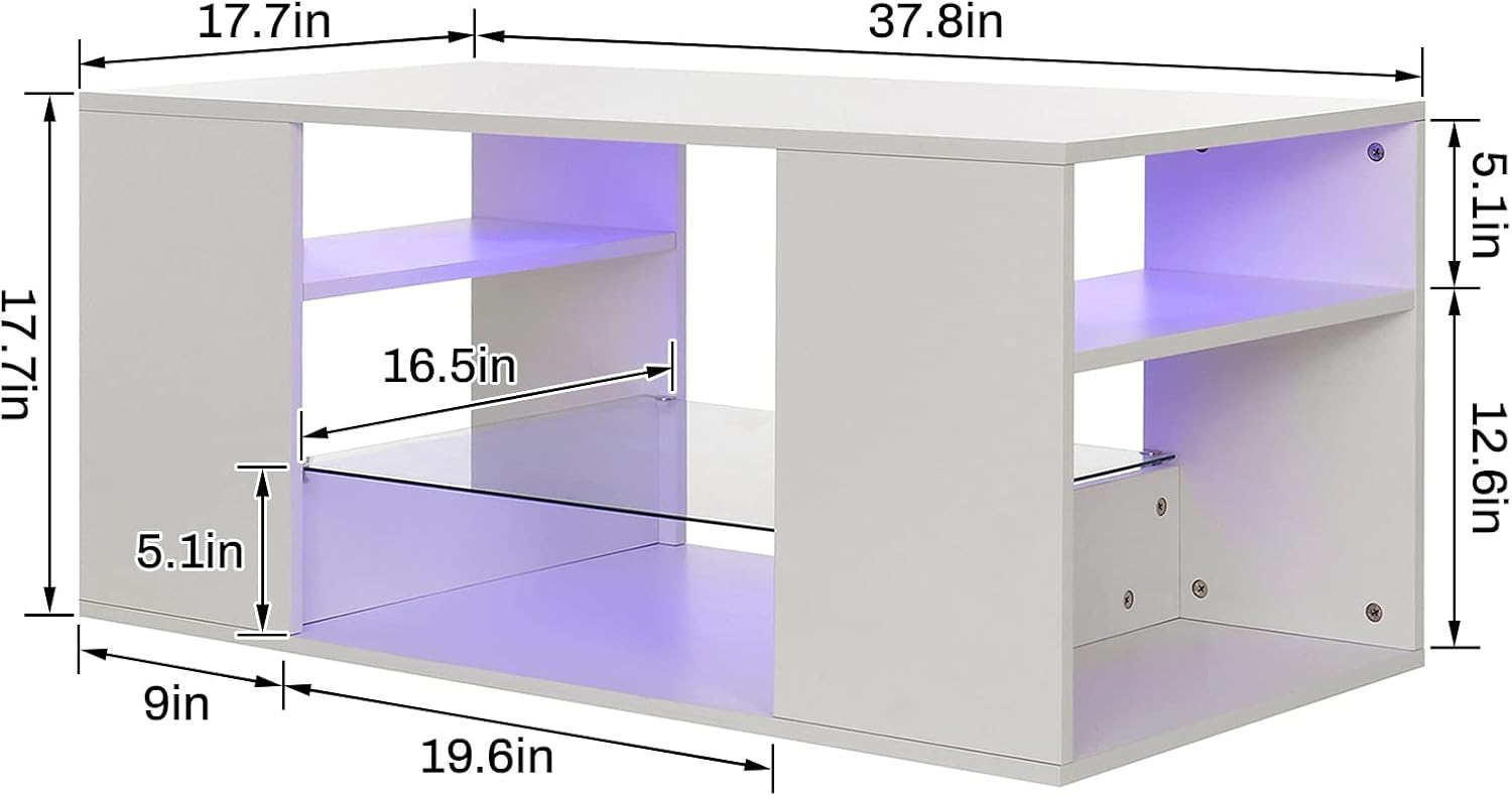 HOMMPA LED Coffee Tables for Living Room Modern White Coffee Table with 3 Shelves Open Glass Storage High Glossy Center Table Sofa Cocktail Table with 16 Colors LED Lights for Home Furniture White