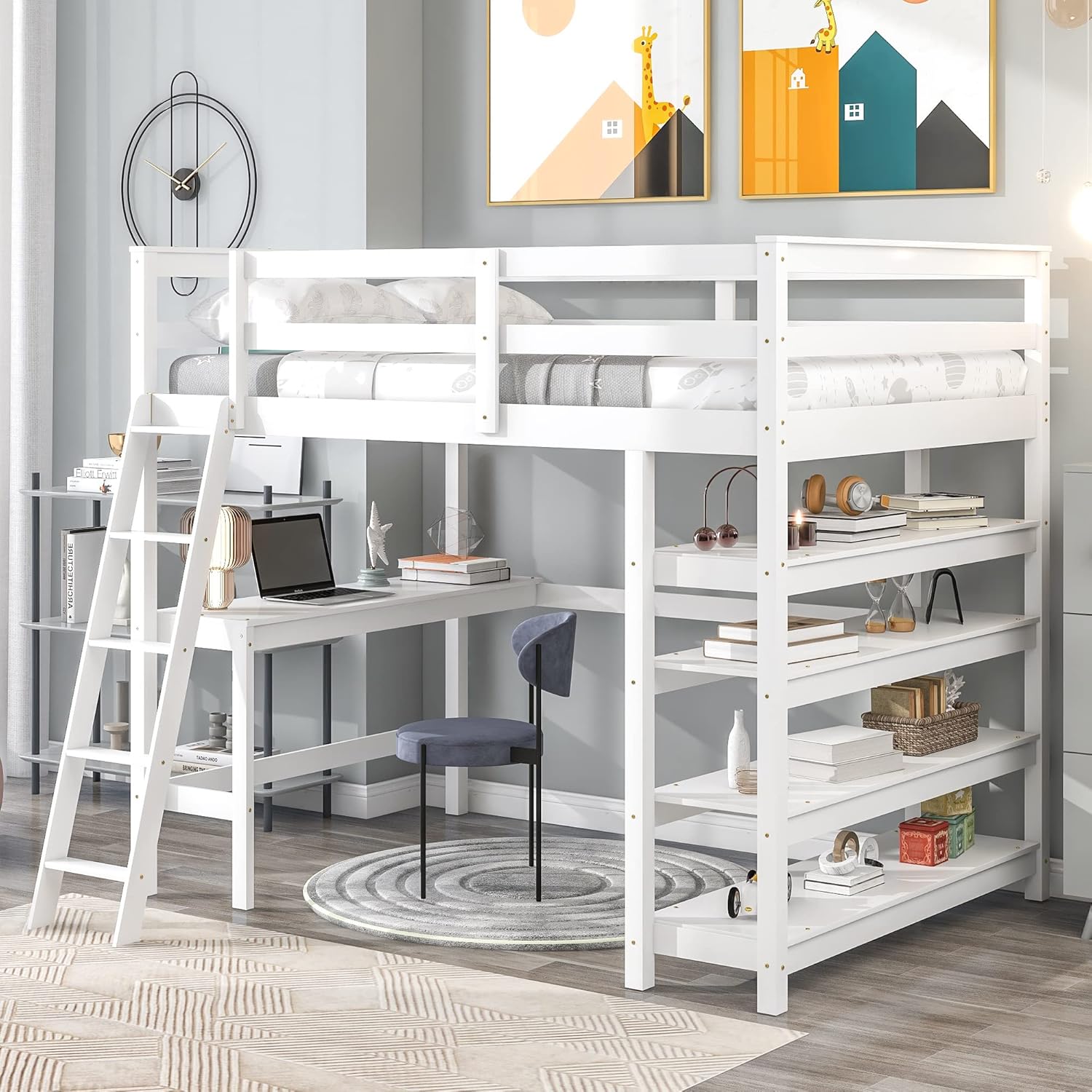 Loft Bed Full with desk,ladder,shelves, White