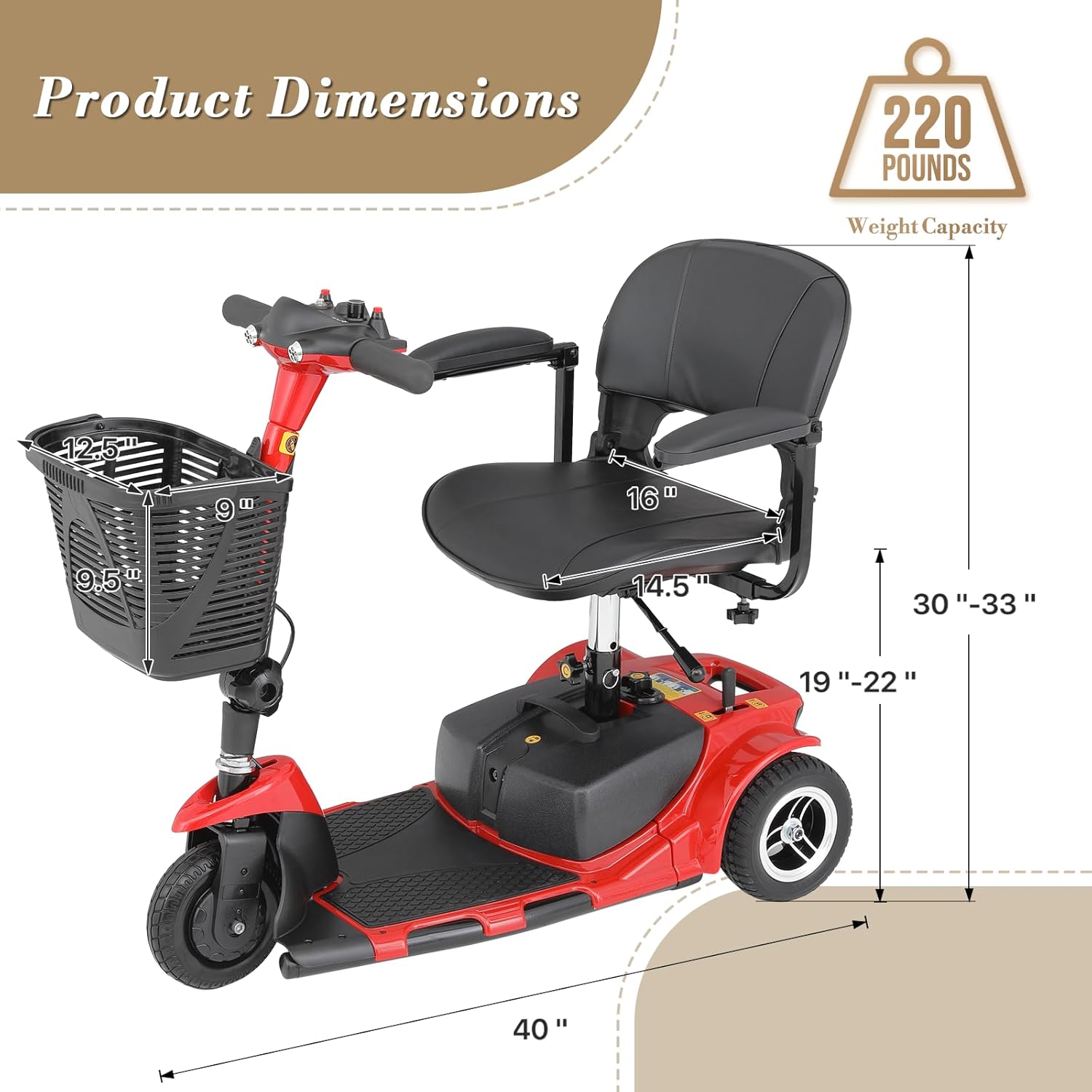 Athena Collection 3 Wheel Mobility Scooter Electric Wheelchair Scooter with Seat for Adults Seniors, Foldable Power Motorized Scooter Long Range Battery with Charger Headlights Basket, Red