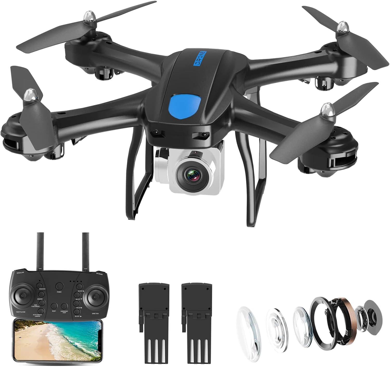Drone with 1080P HD Camera for Adults Kids, WiFi Live Video FPV Drones for Beginners， RC Quadcopters with Altitude Hold, Headless Mode, 3D Flip, One Key Take Off for Kids with 2 Batteries