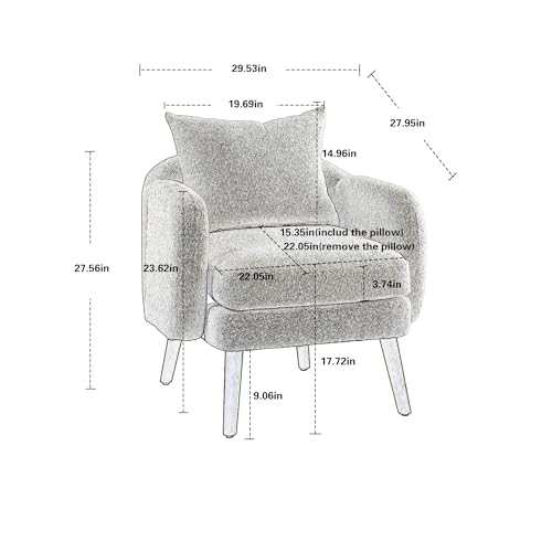 Modern Accent Chair, Round Comfy Armchair, with Pillow, Wood Legs, Teddy Boucle Upholstered Side Chair for Living Room, Bedroom, Club, Hotel, Office, Waiting Room, Grey