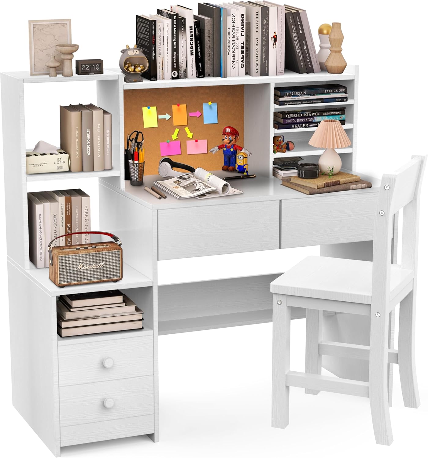 White Desk and Chair Set for 5-12 Year Old, Computer Desk with 4 Drawers, Study Table with Storage Shelf-7npI