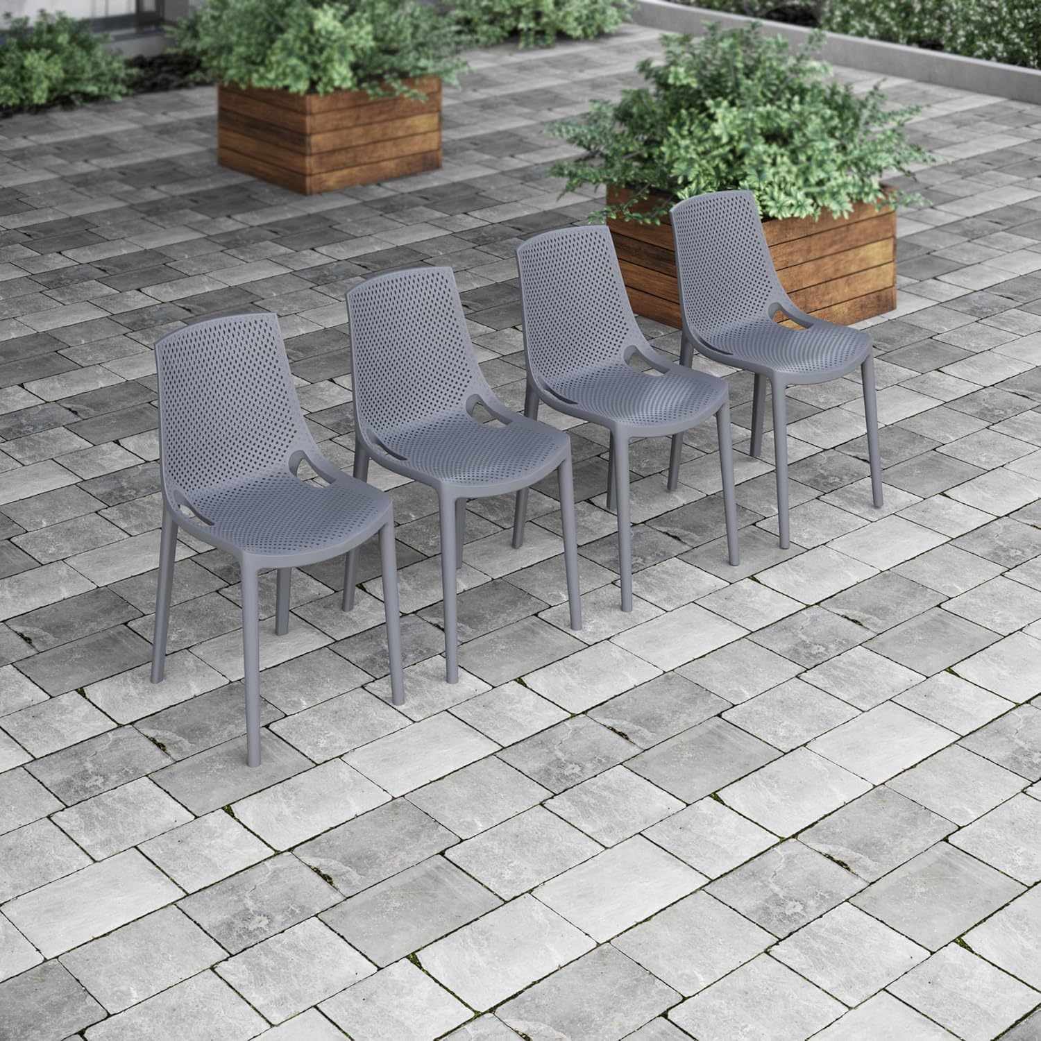 Amazonia Barrow 5 Piece Round Eucalyptus Patio Dining set | Teak Finish Table and Grey Resin Chairs | Ideal for Outdoors