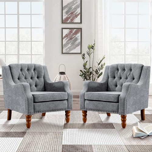 Accent Chairs Set of 2, Comfy Single Upholstered Wingback Chair with Back Mid Century Modern Reading Chair with Nail-Head Trim Armchair Arm Chair for Living Room Bedroom(Beige)