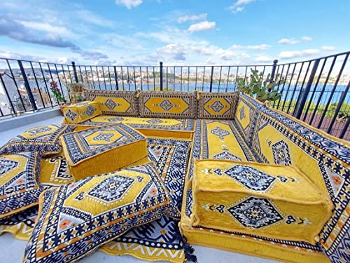 Floor Cushions, L Shaped Sectional Sofas, Mustard Yellow Arabic Sofa Set, Pallet Sofa, Arabic Majlis, Pouffs, Turkish Floor Seating Set (L Sofas + Rug + Ottoman)