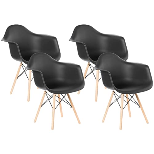 Mid-Century Modern Style Plastic DAW Shell Dining Arm Chair with Wooden Dowel Eiffel Legs, Set of 4 Black