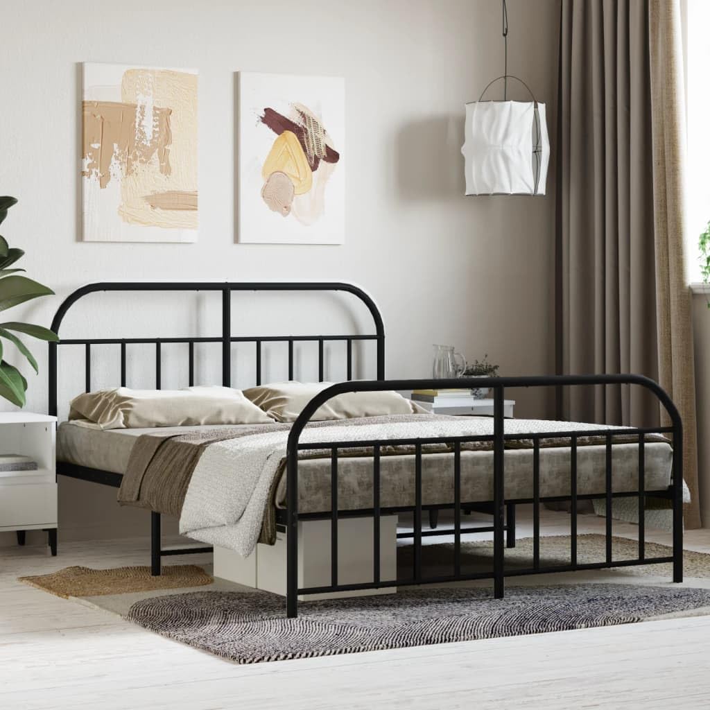 vidaXL Double Bed Frame with Headboard and Footboard in Black | Sturdy Powder-Coated Steel Construction | Complete with Metal Slats and Center Legs | Extra Under-Bed Storage Space