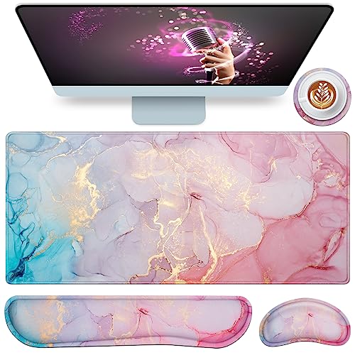 Mouse Pad with Wrist Rest,QOMOLAMA 4-in-1 Large Mousepad+Keyboard Wrist Rest+Mouse Pad Wrist Support+Cup Pad Set,Ergonomic Mouse Pad,Anti-Slip,Memory Foam Desk Mat for Home Office Gaming(35.4×15.7in)